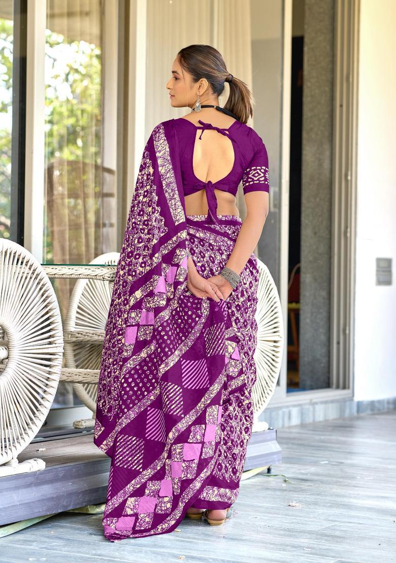 Purple Geometric Print Cotton Saree Set - Indya