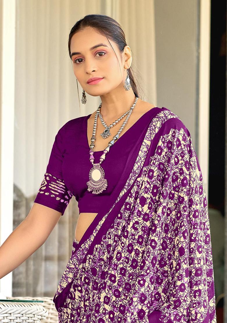 Purple Geometric Print Cotton Saree Set - Indya