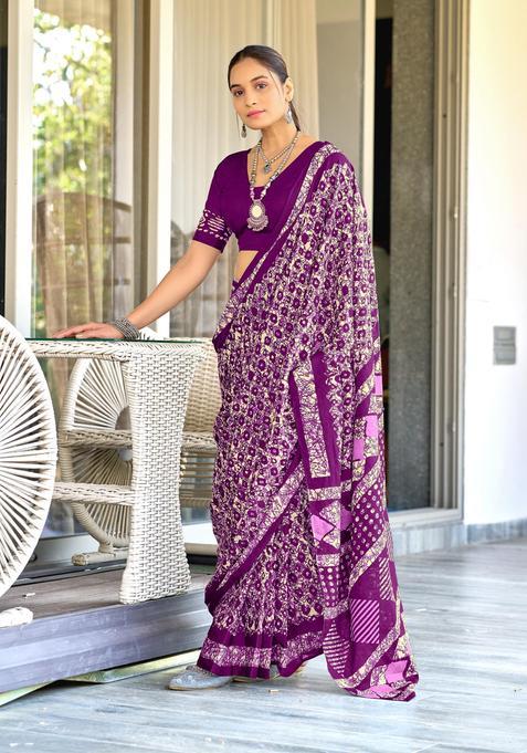 Purple Geometric Print Cotton Saree Set