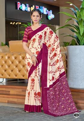 Wine Printed Cotton Saree Set
