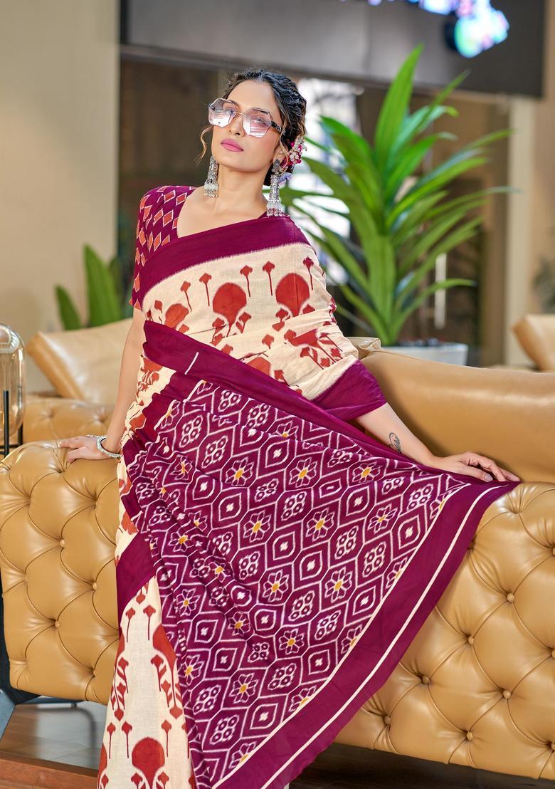 Wine Printed Cotton Saree Set - Indya