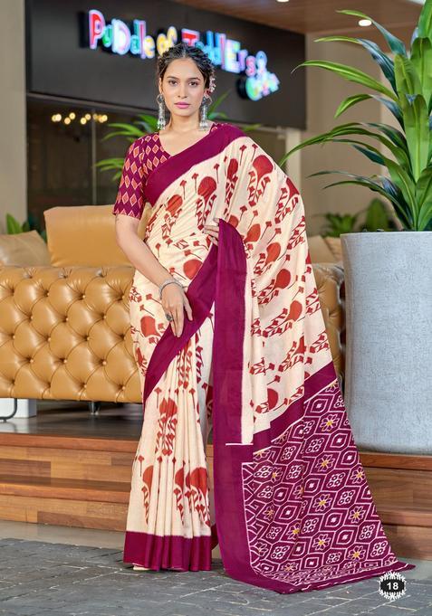 Wine Printed Cotton Saree Set
