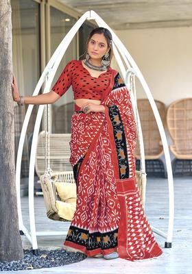 Red Printed Cotton Saree Set