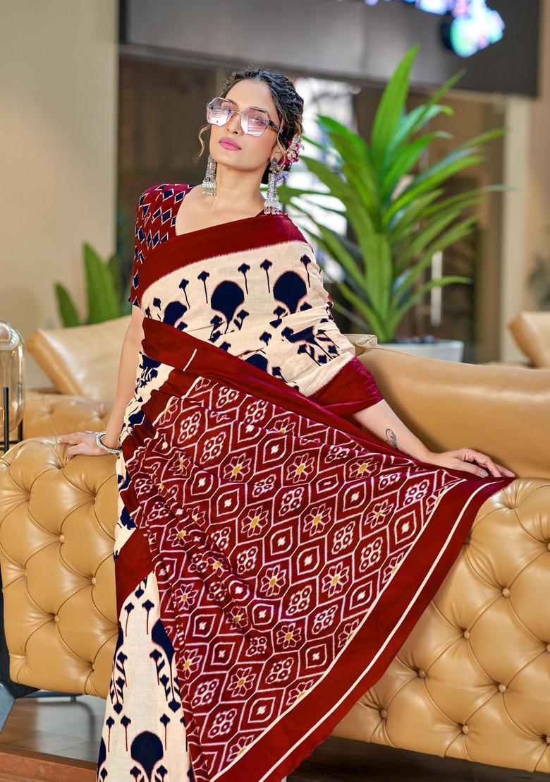 Maroon Printed Cotton Saree Set - Indya