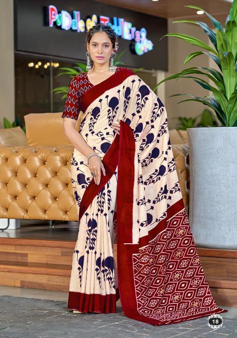 Maroon Printed Cotton Saree Set