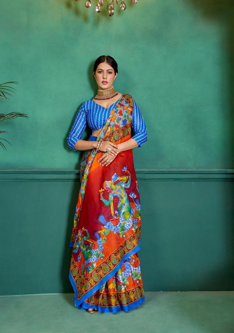 Blue Printed Cotton Saree Set - Indya