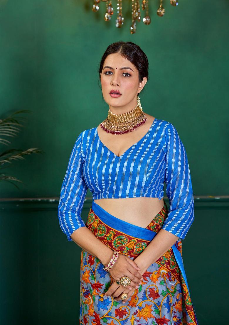 Blue Printed Cotton Saree Set - Indya