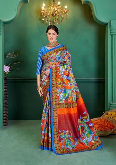 Blue Printed Cotton Saree Set