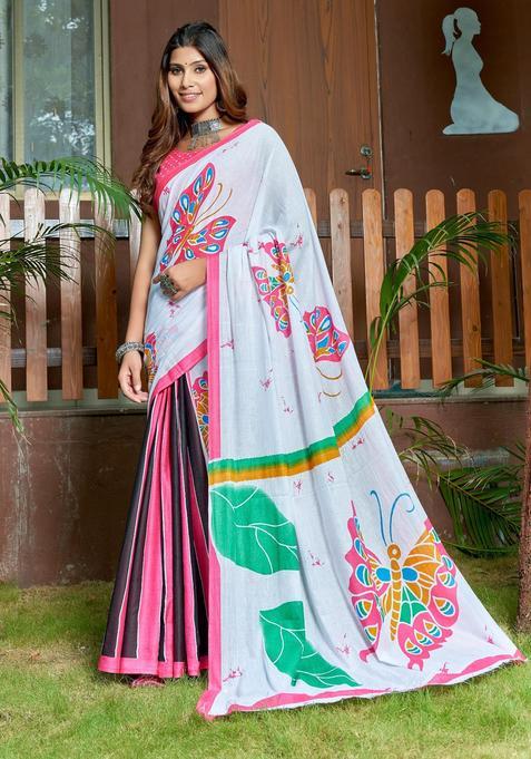 White Printed Cotton Saree Set