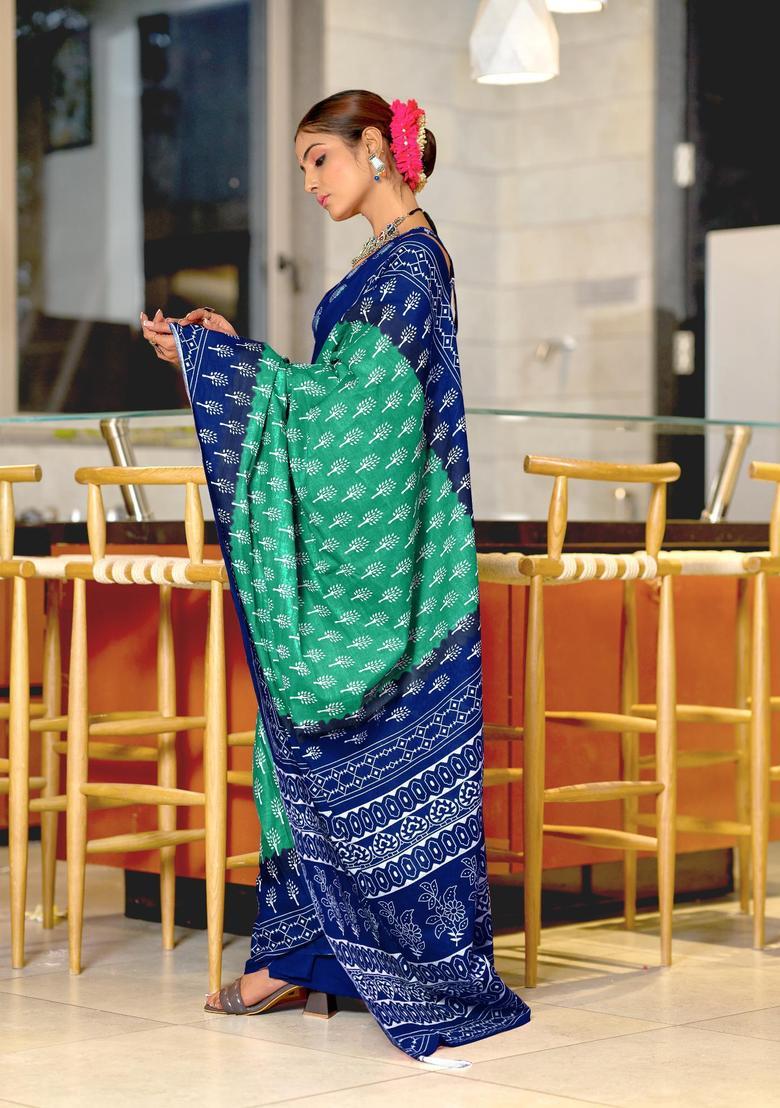 Green Printed Cotton Saree Set - Indya