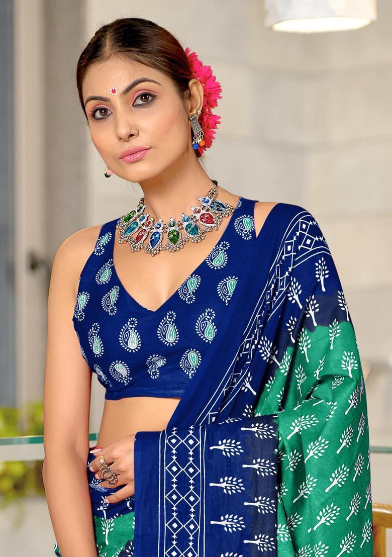 Green Printed Cotton Saree Set - Indya