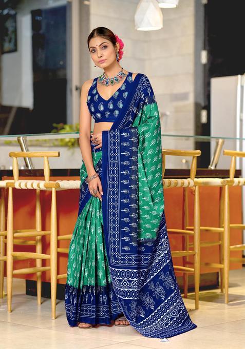 Green Printed Cotton Saree Set