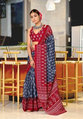 Grey Printed Cotton Saree Set