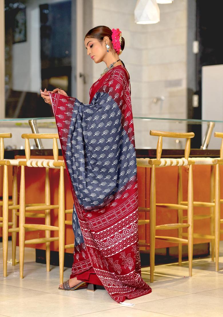 Grey Printed Cotton Saree Set - Indya