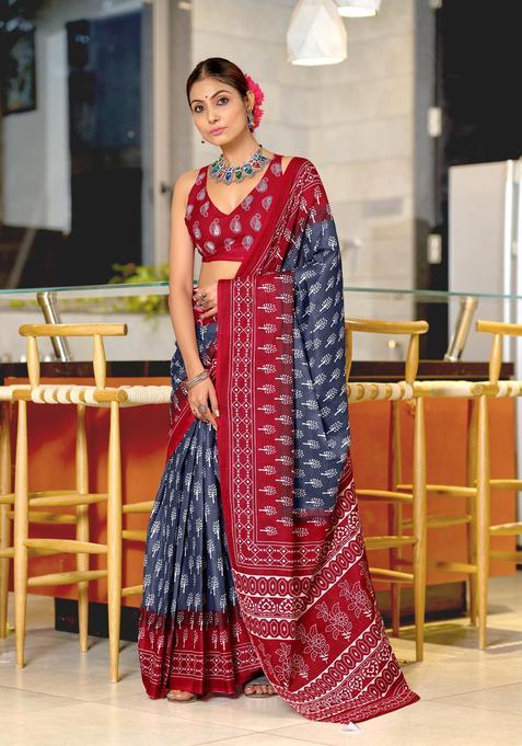 Grey Printed Cotton Saree Set