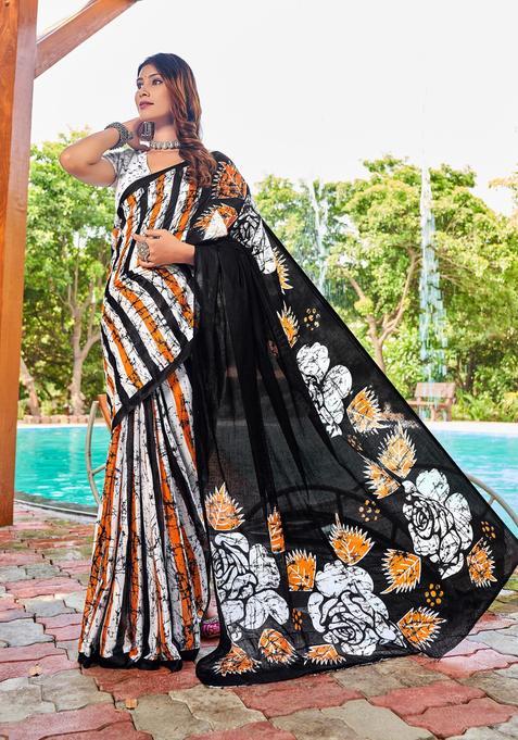 White Printed Cotton Saree Set