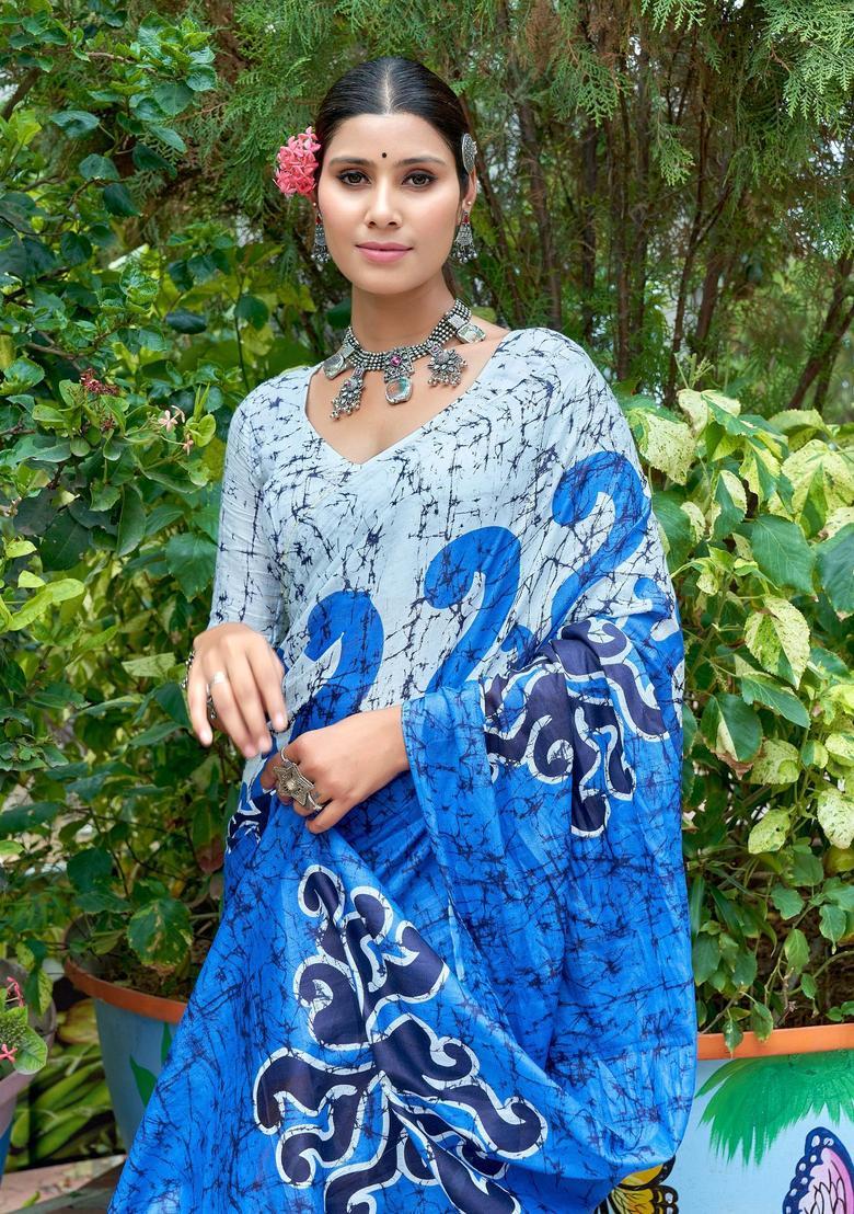 Blue Printed Cotton Saree Set - Indya