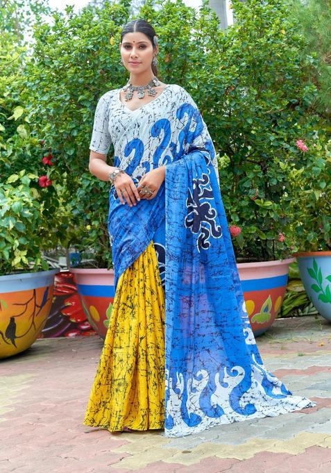 Blue Printed Cotton Saree Set