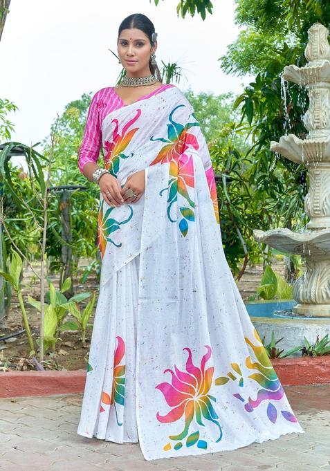 White Floral Print Cotton Saree Set