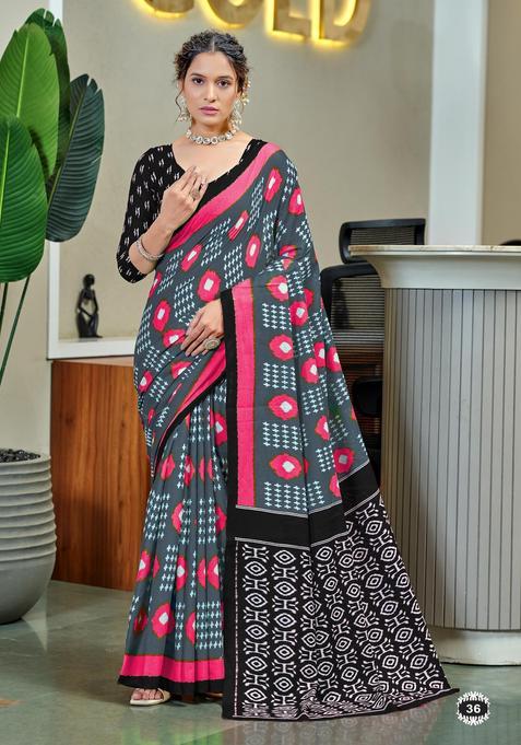 Grey Printed Cotton Saree Set
