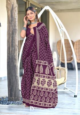 Wine Geometric Print Cotton Saree Set