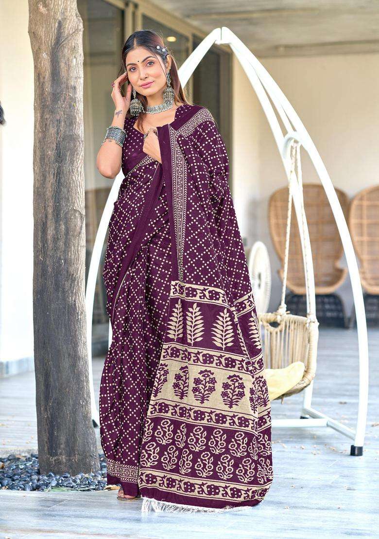 Wine Geometric Print Cotton Saree Set for Diwali and Festive Wear - Indya