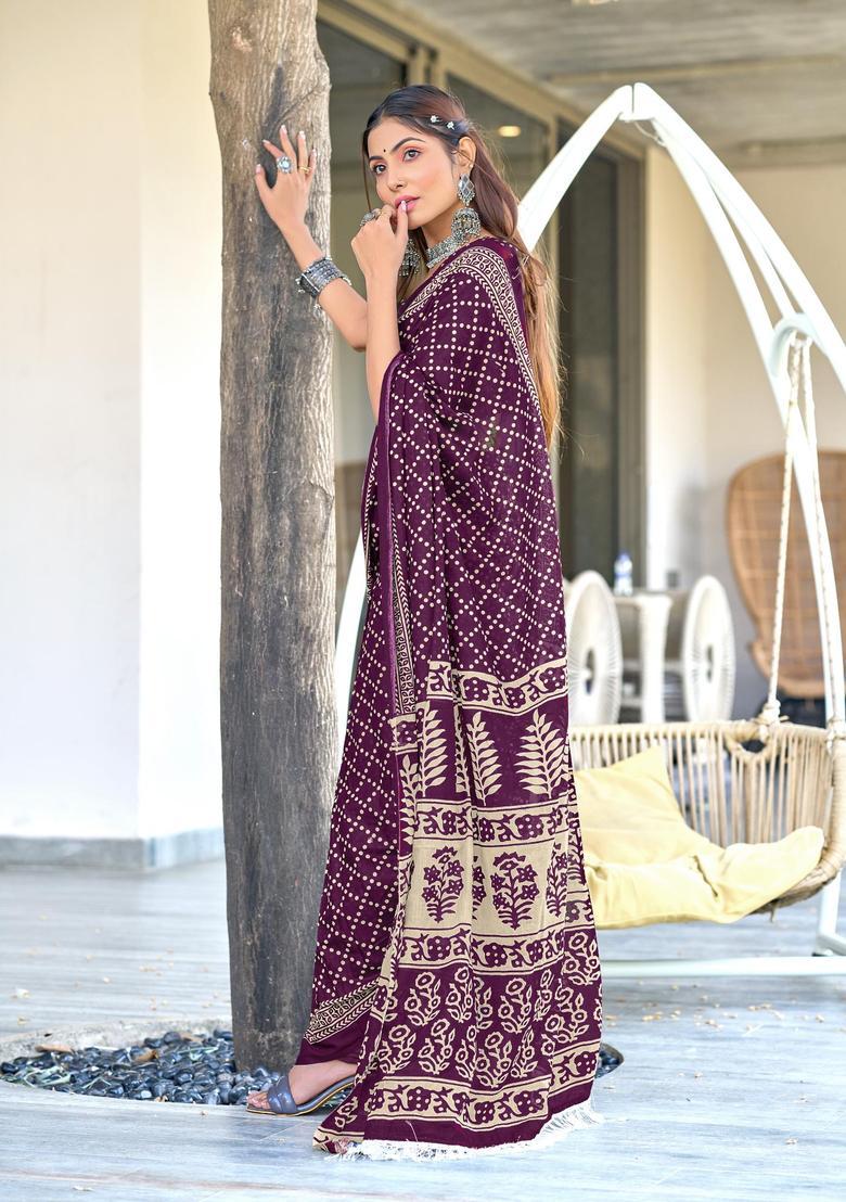 Wine Geometric Print Cotton Saree Set - Indya