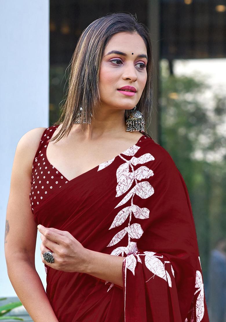 Maroon Printed Cotton Saree Set - Indya