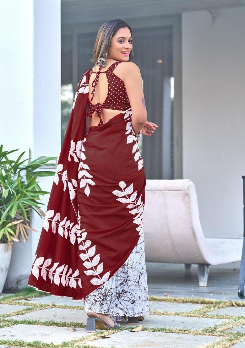 Maroon Printed Cotton Saree Set - Indya