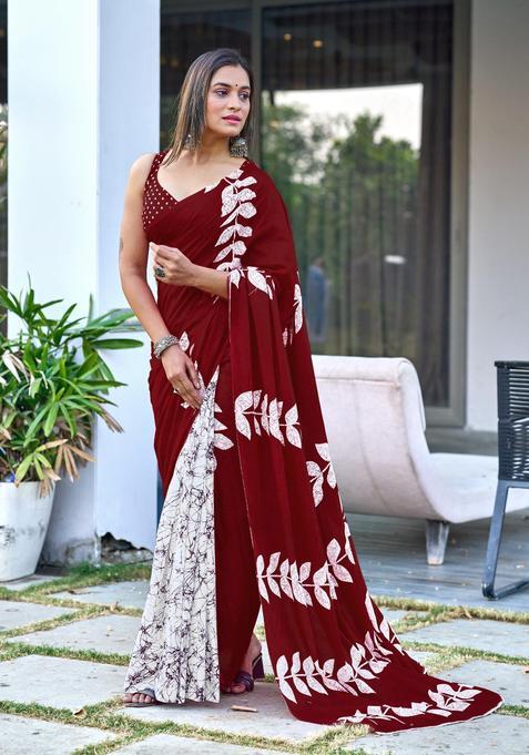 Maroon Printed Cotton Saree Set