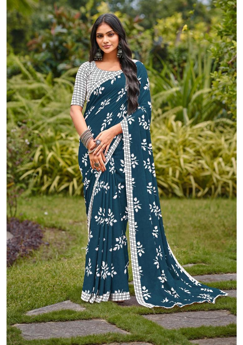 Grey Printed Cotton Saree Set - Indya