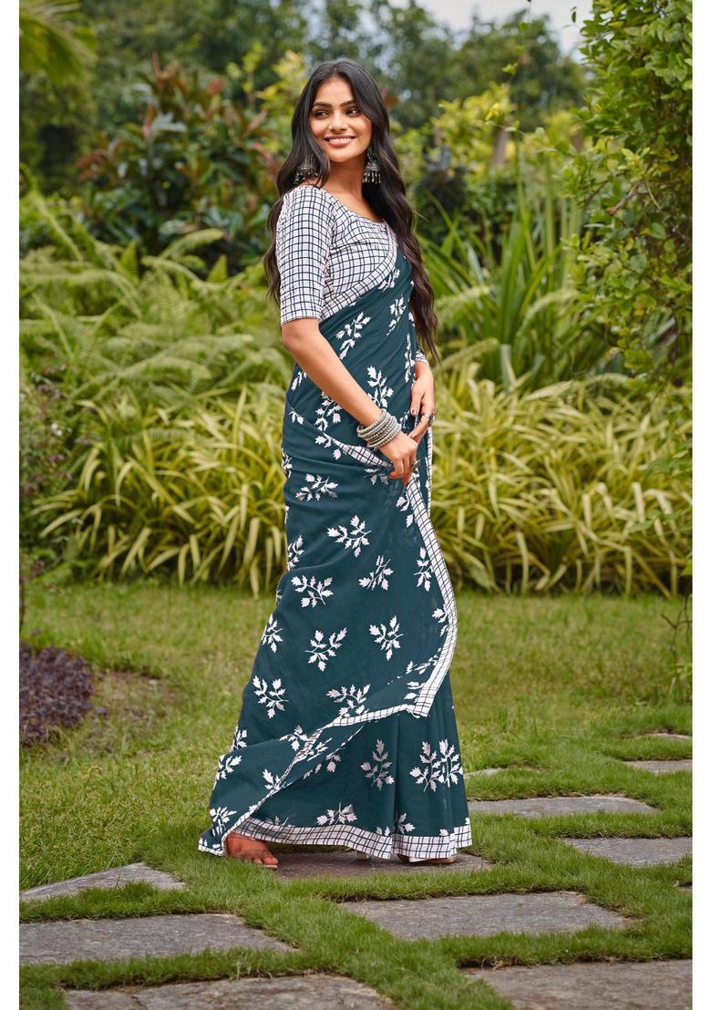 Grey Printed Cotton Saree Set - Indya