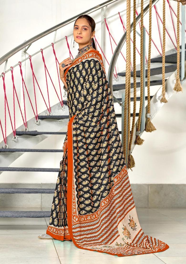 Black Paisley Cotton Saree Set - Indya