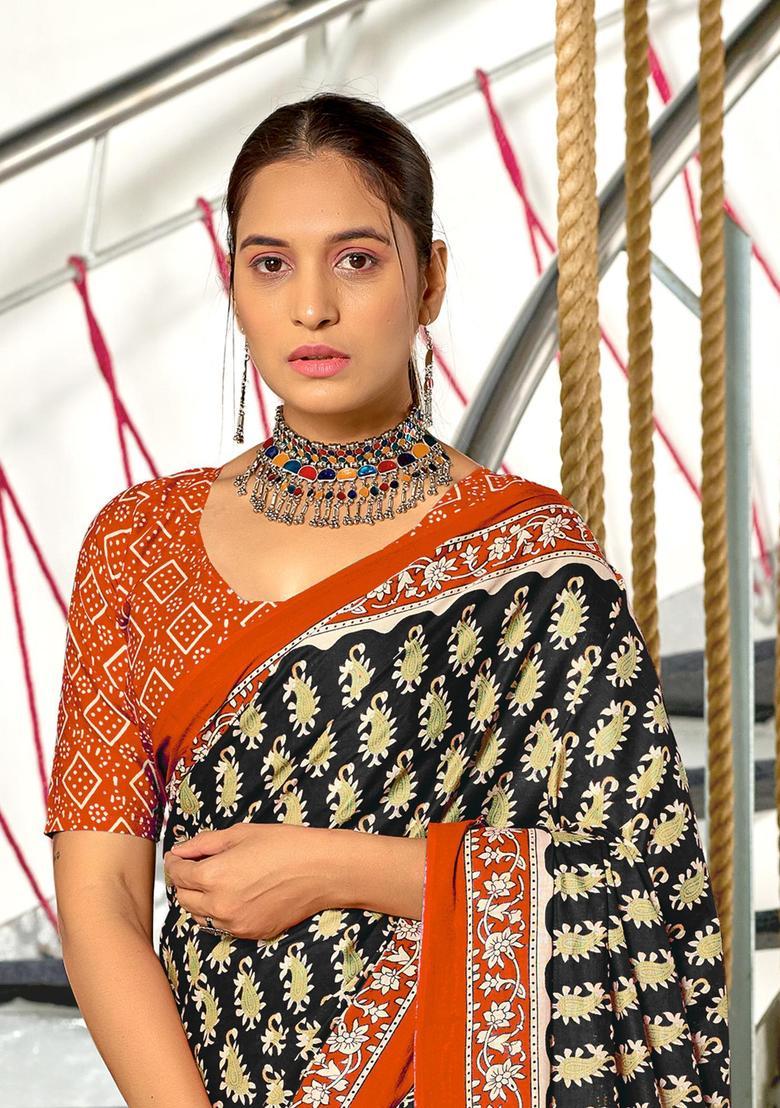 Black Paisley Cotton Saree Set - Indya