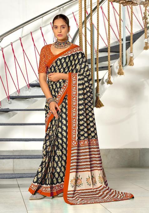 Black Paisley Cotton Saree Set