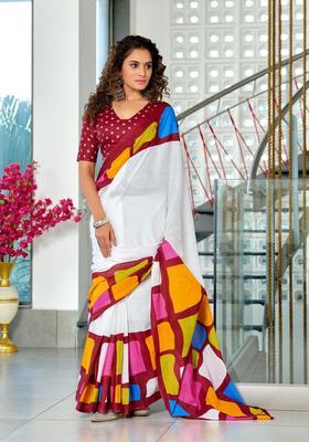 White Geometric Print Cotton Saree Set
