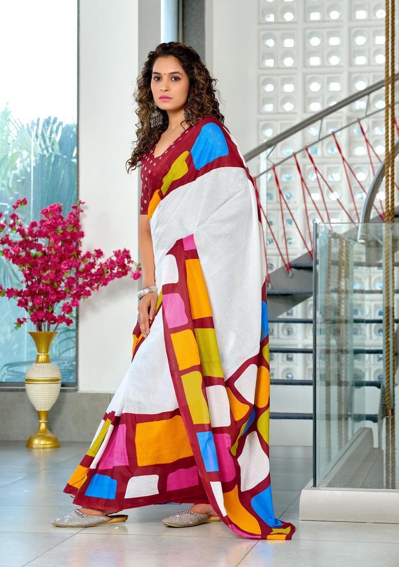 White Geometric Print Cotton Saree Set - Indya