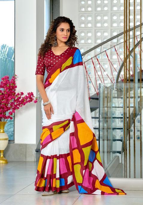 White Geometric Print Cotton Saree Set