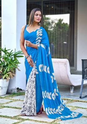 Aqua Printed Cotton Saree Set