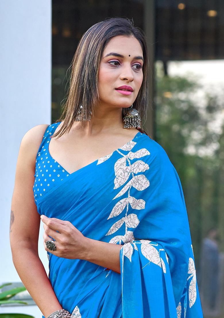 Aqua Printed Cotton Saree Set - Indya