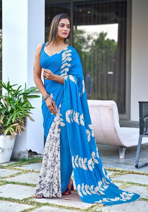 Aqua Printed Cotton Saree Set