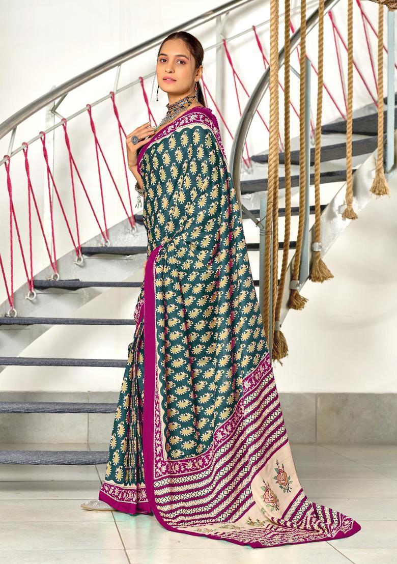 Teal Paisley Cotton Saree Set - Indya
