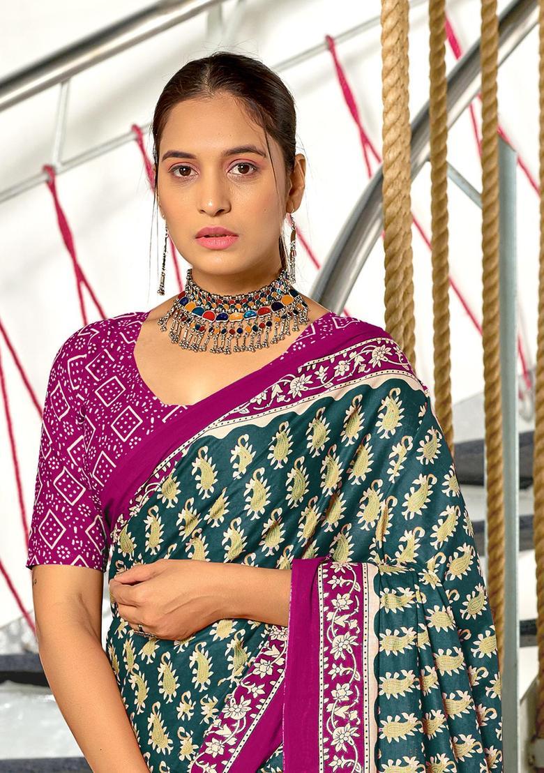 Teal Paisley Cotton Saree Set - Indya