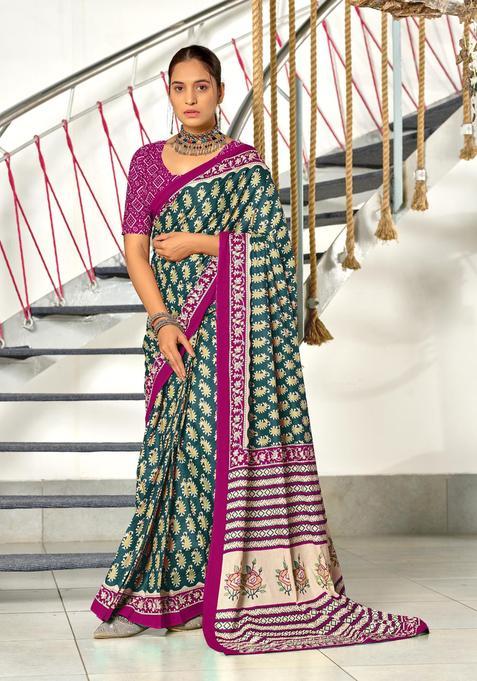 Teal Paisley Cotton Saree Set