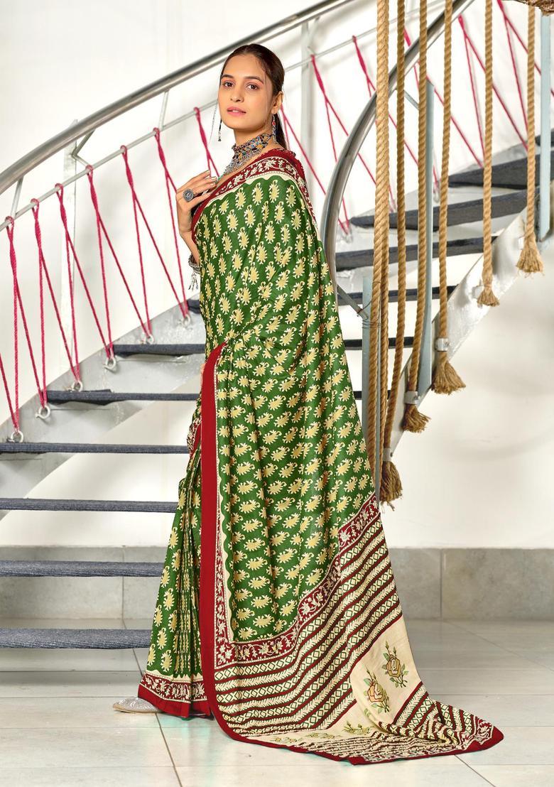 Green Paisley Cotton Saree Set - Indya