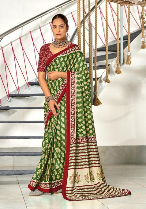 Green Paisley Cotton Saree Set
