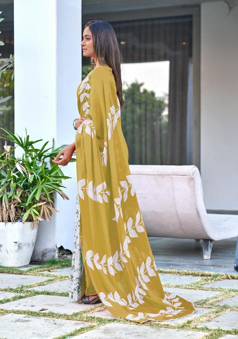 Mustard Printed Cotton Saree Set - Indya