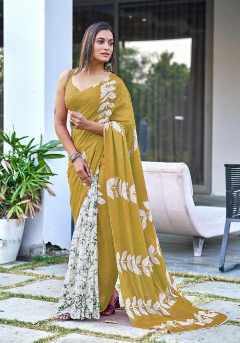Mustard Printed Cotton Saree Set