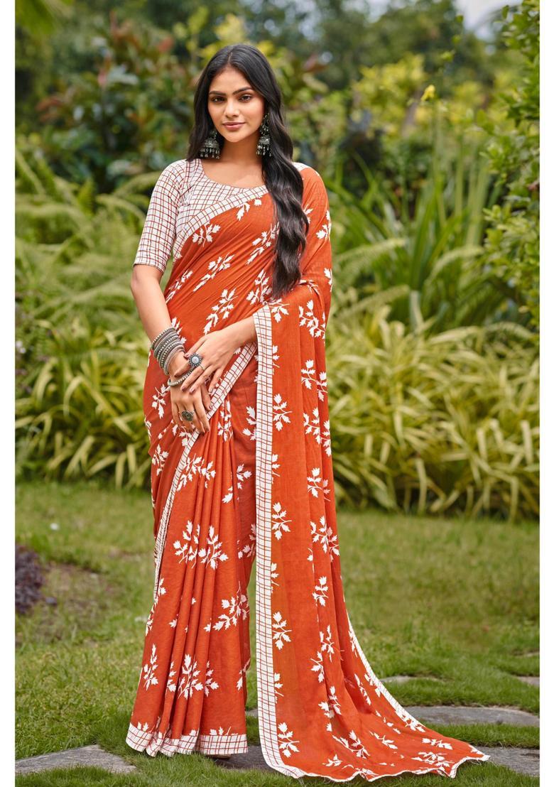 Orange Printed Cotton Saree Set - Indya