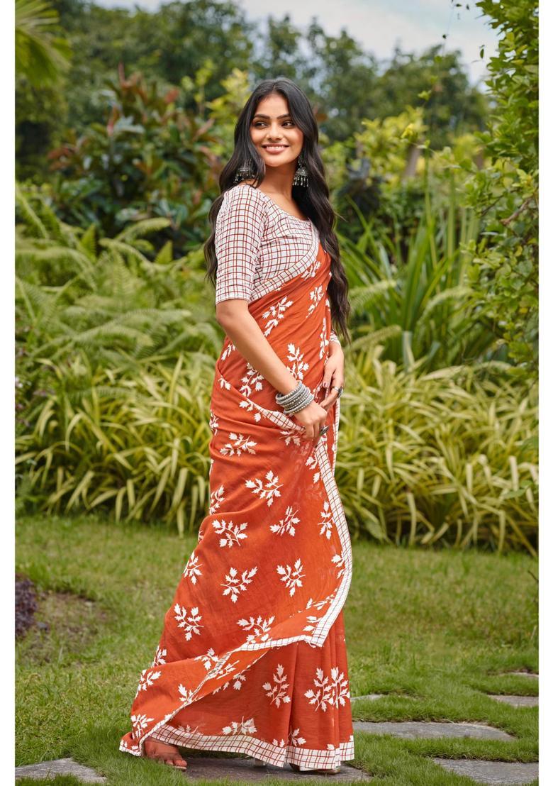 Orange Printed Cotton Saree Set - Indya